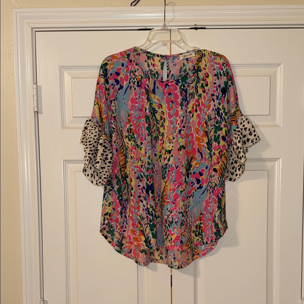 Beeson River Colorful Floral Blouse with Animal Print Sleeves